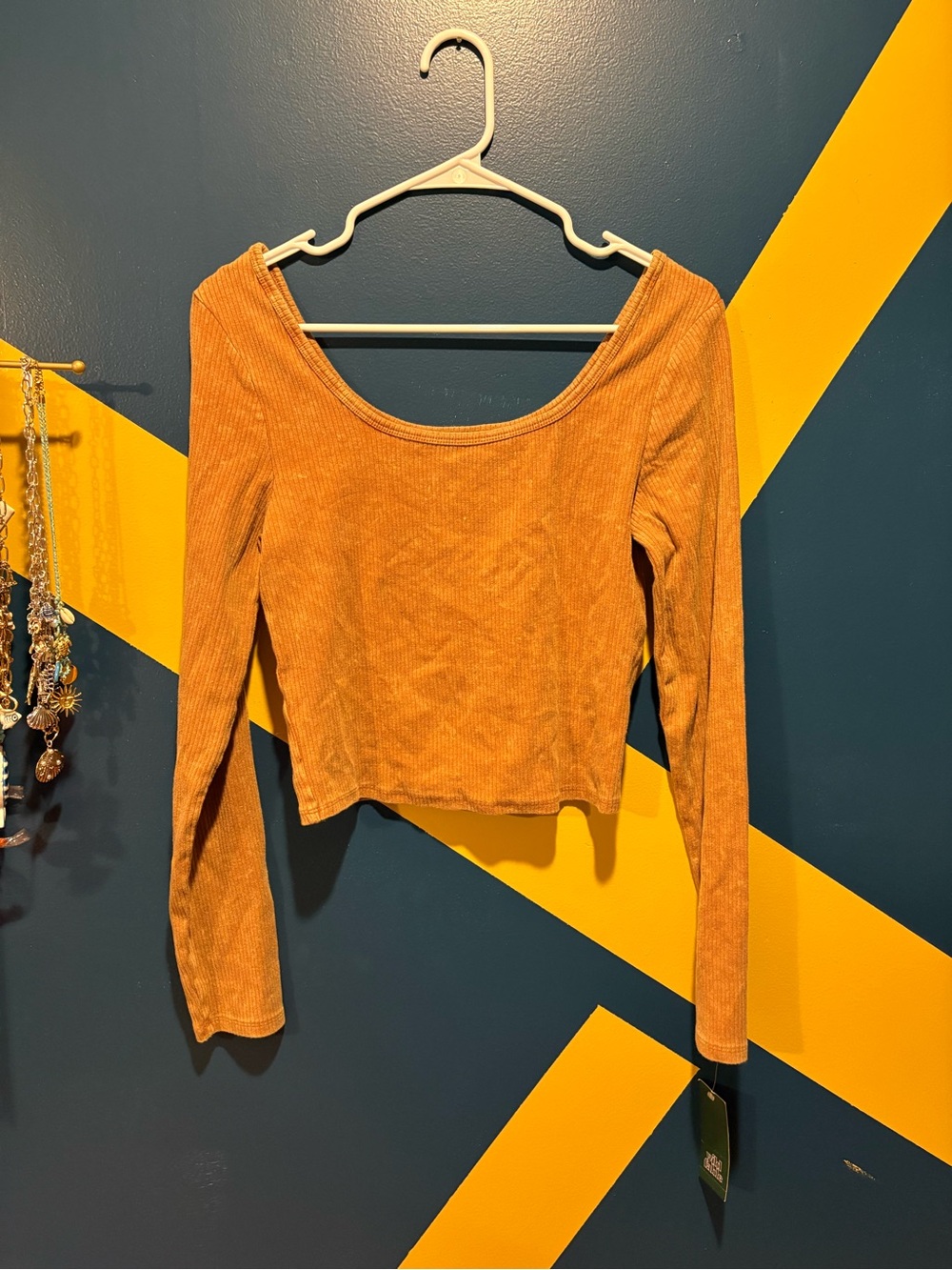 Wild Fable Copper Acid Washed Square Neck Long Sleeve Ribbed Crop Top NWT